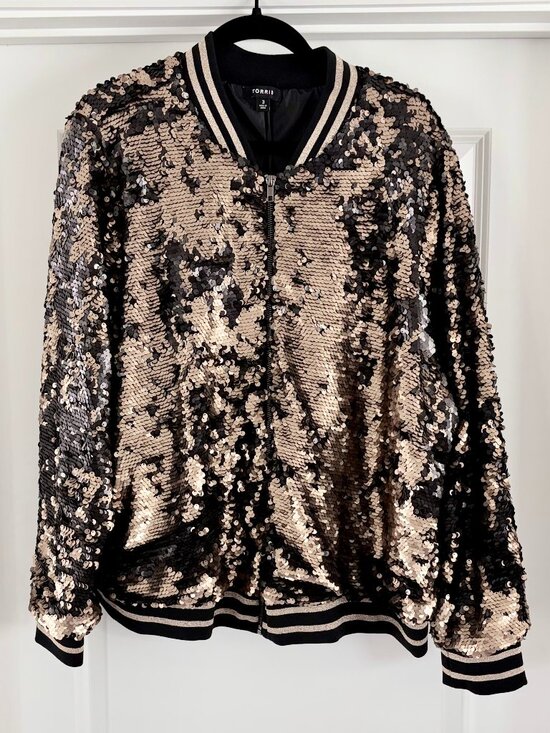 torrid Jackets & Blazers - Torrid Sequin Bomber Jacket Black Gold Varsity Style Size 3x